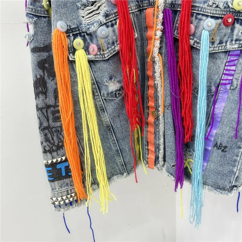 Hand-Painted Graffiti Line Tassel Rivet Short Hole Denim Jacket Blue Black Casual Streetwear Lapel Long Sleeve Jeans Jacket Coat