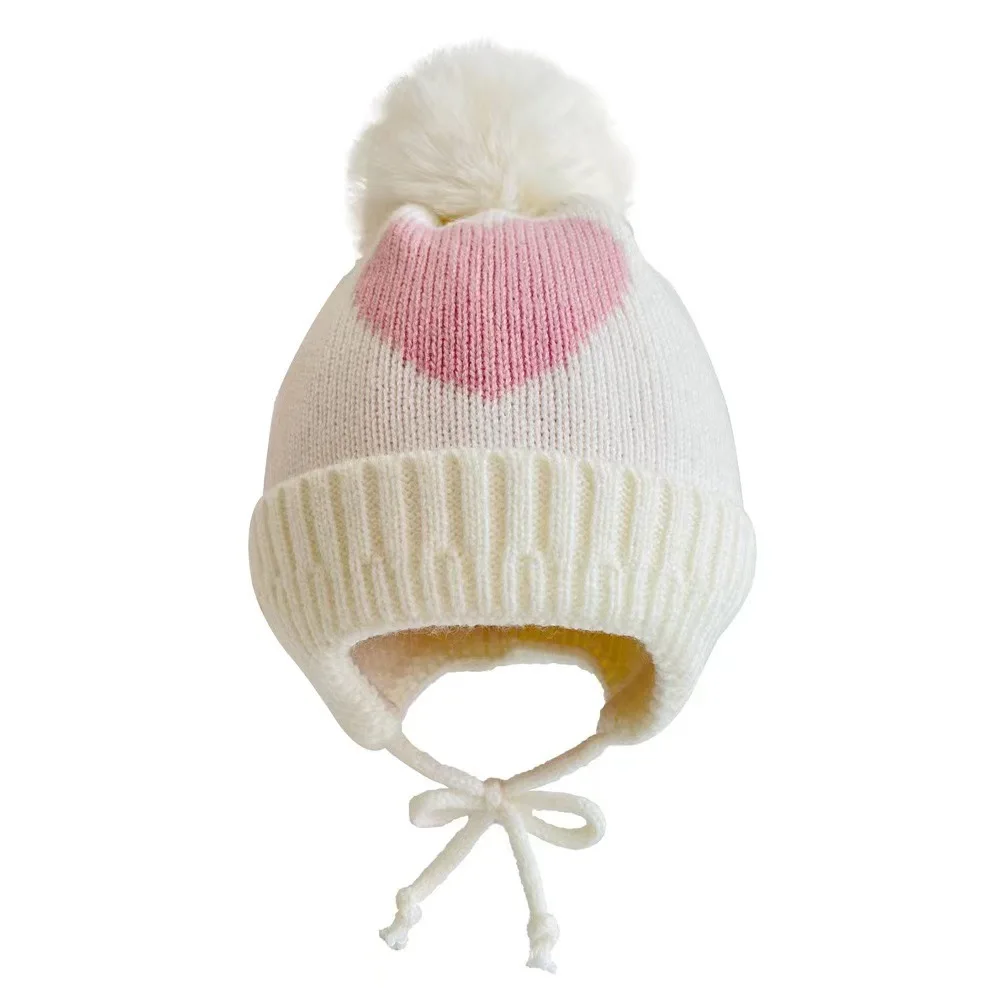 Baby Hat Autumn/Winter Knitted Hat Boy Girls Warm Ear Protection Hat Baby Children\'s Hairball Hat Braided with Velvet for Warmth