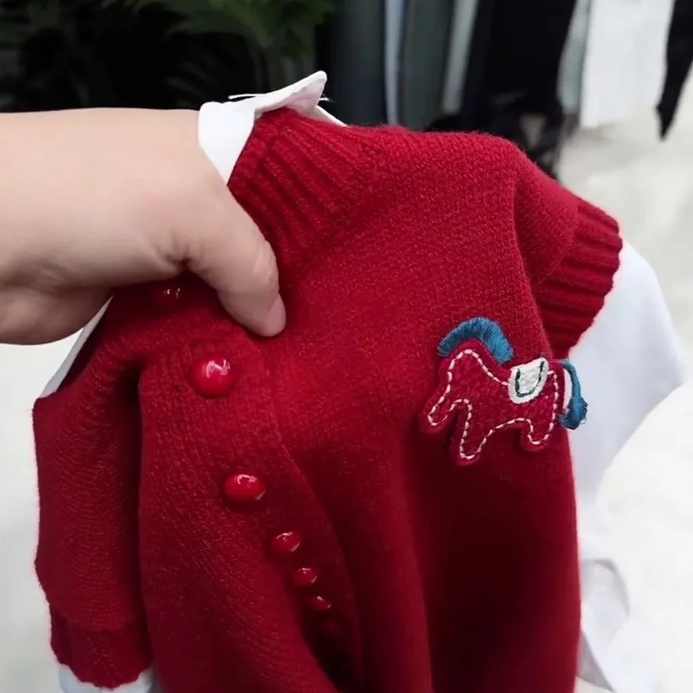 

Вязаный кардиган-жилет в стиле ретро, красный, женский, с круглым вырезом, на пуговицах, теплый, для весны, осени, зимы, повседневный, для работы