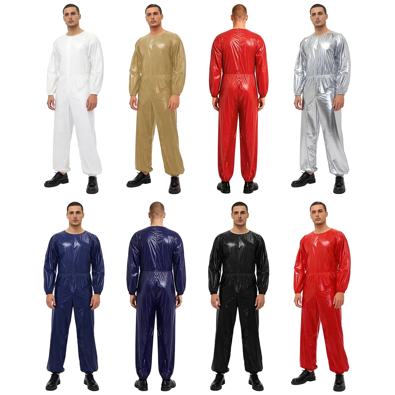 Men Women Glossy Waterproof Zipper Sauna Sweat Jumpsuit Raincoat Weight Loss Fitness Workout Bodysuit Sportswear Diaper Cover