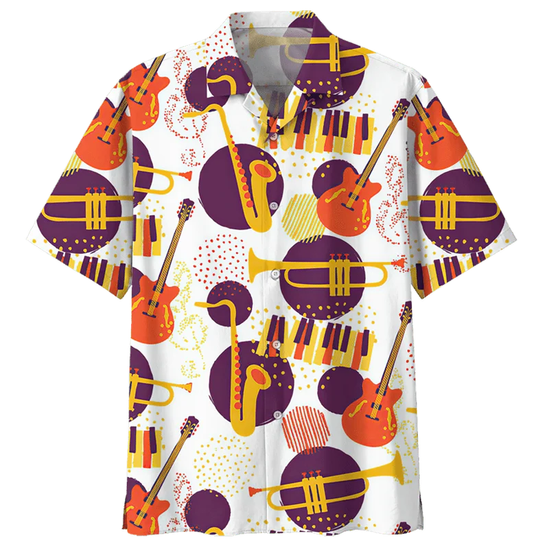 Hawaiian Saxophone Guitar Pattern Shirt For Men 3D Printed Musical Instrument Blouse Loose Lapel Short Sleeve Button  Shirts