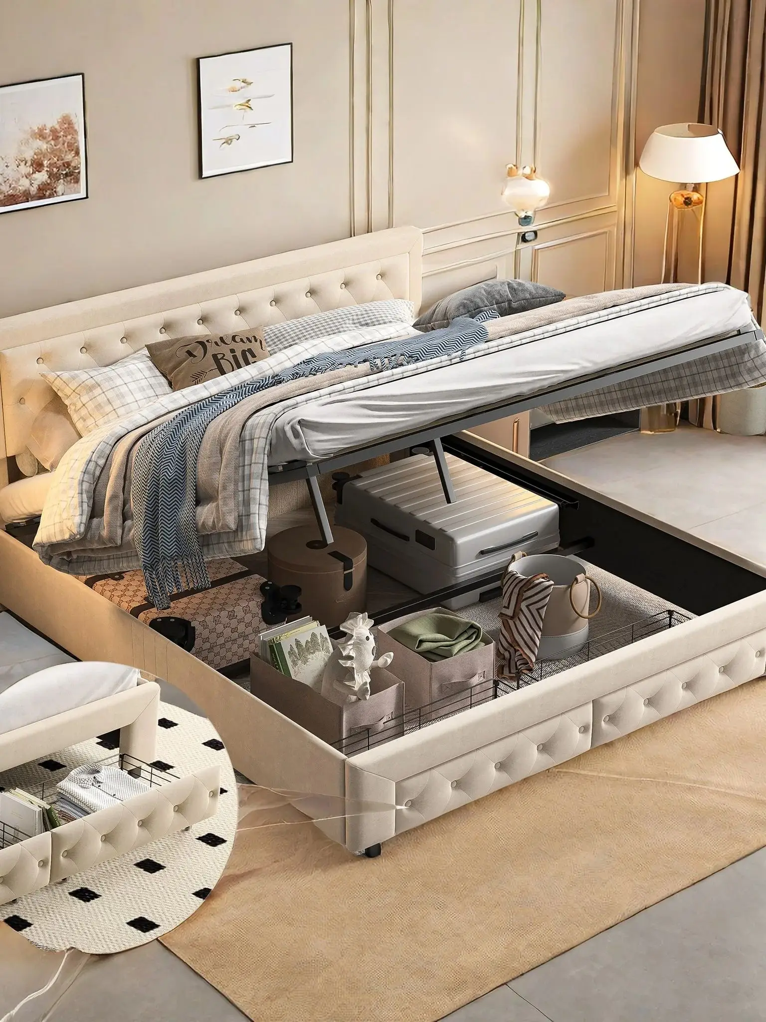 Fangange gestoffeerd bed met opbergruimte, modern tweepersoonsbed, hydraulisch bed met laden, 160/180 x 200 cm, zonder matras - afbeelding 2