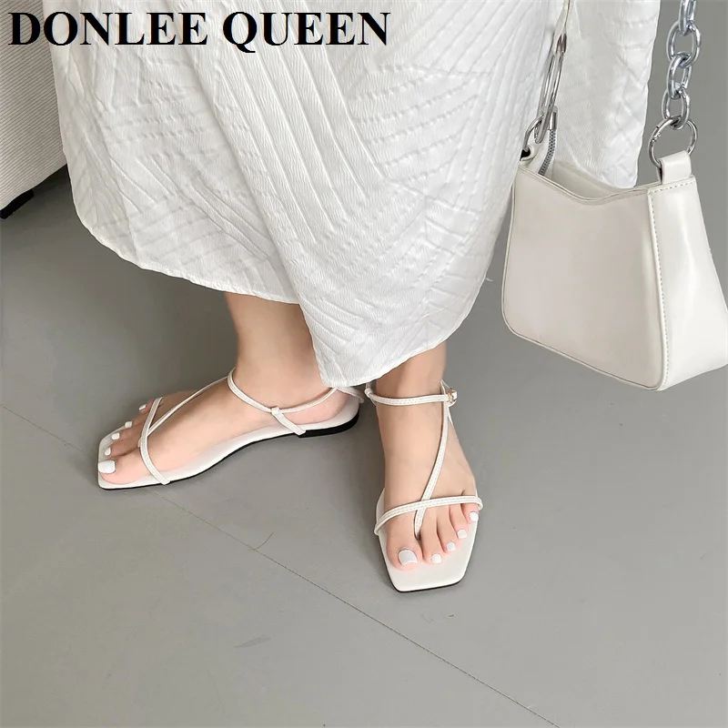 2024 Summer Sandals Women Flat Square Toe Fashion Brand Narrow Band Sandal Casual Slipper Shoes Vintage Open Toe Sandalias Mujer