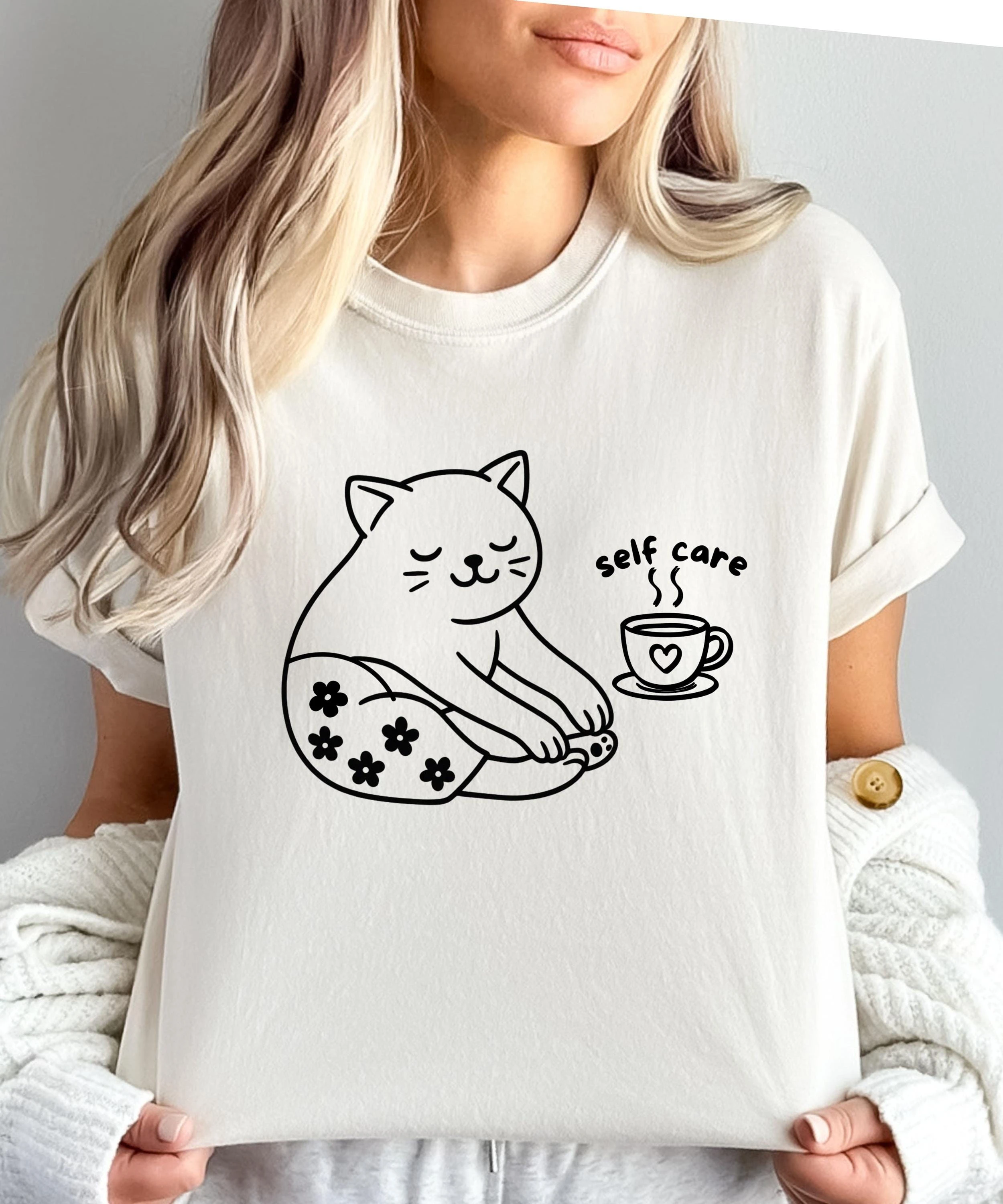 Unisex Vintage Self Care Cat Graphic T Shirt Flower Kitten Coffee Cup Print Soft Cotton Short Sleeve Casual Top