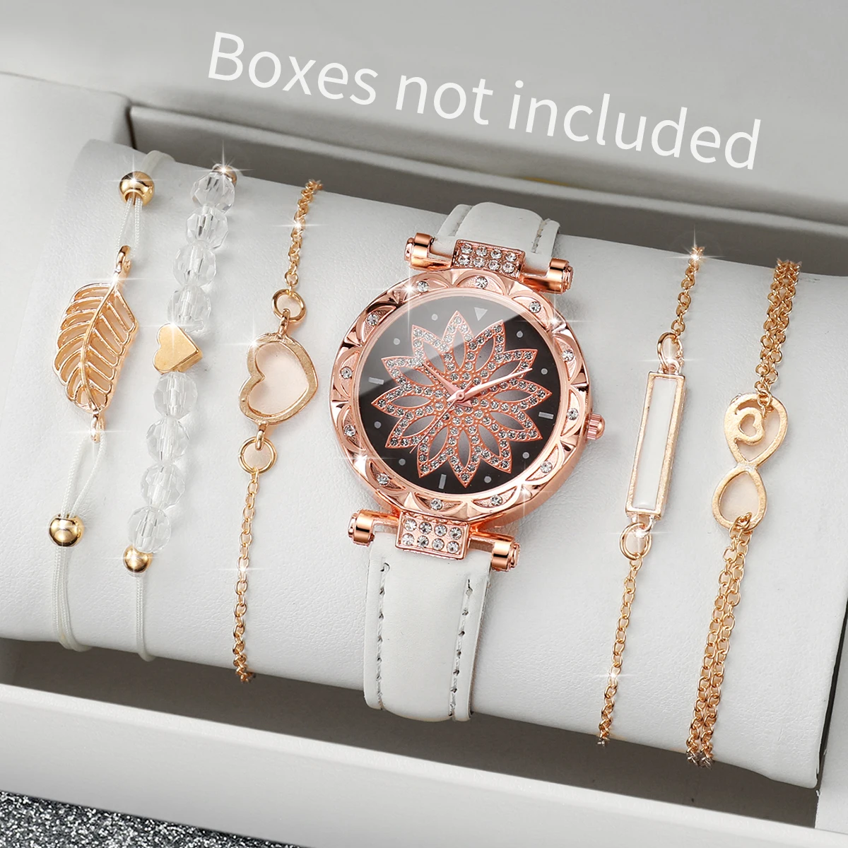 6PCS/Set Fashion Women\'s Watch Casual Leather Strap Versatile Round Flower Dial Quartz Watch with Heart Trees Bracelet Set