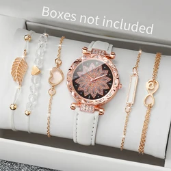 6PCS/Set Fashion Women's Watch Casual Leather Strap Versatile Round Flower Dial Quartz Watch with Heart Trees Bracelet Set