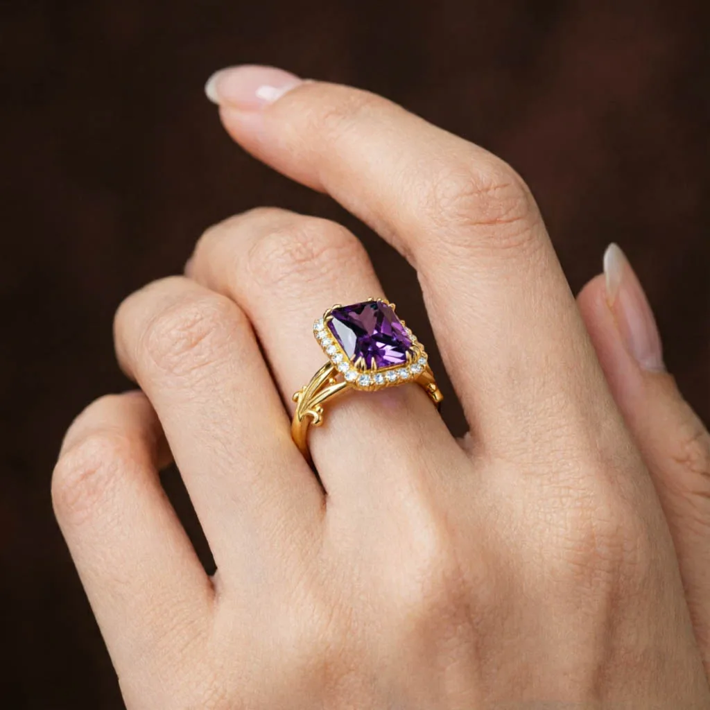 Retro Solid 14K Gold Filled Amethyst Ring for Women 10x14mm Gemstone Vintage Engraving Design for Party Luxury Jewelry Gift
