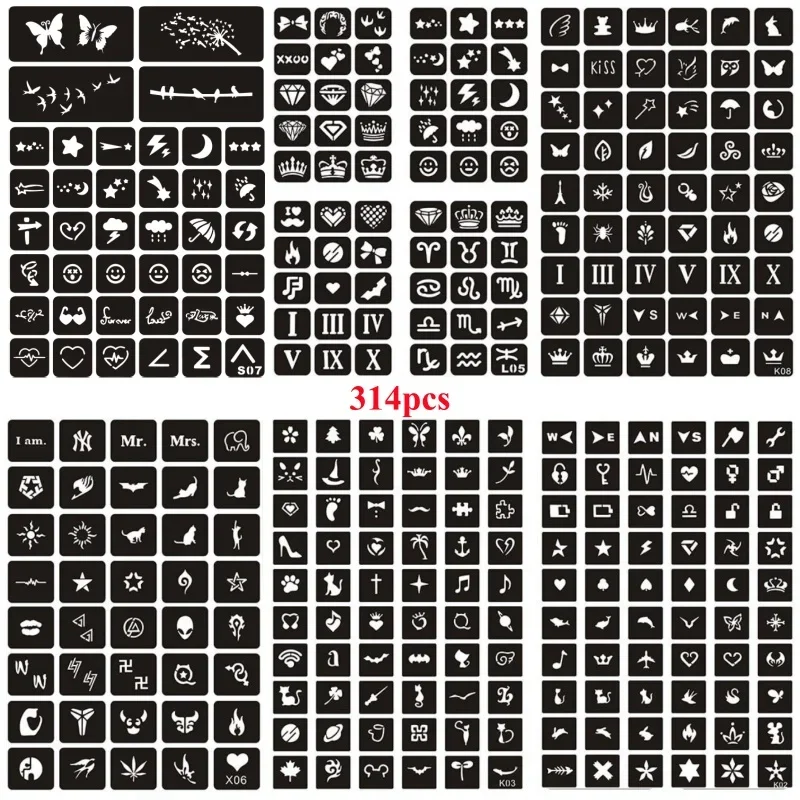 24-314pcs/set  Reusable Airbrush Tattoo Stencils for Finger Hands Body Girl Henna Stencil Templates Diy Glitter Tattoo Stencils