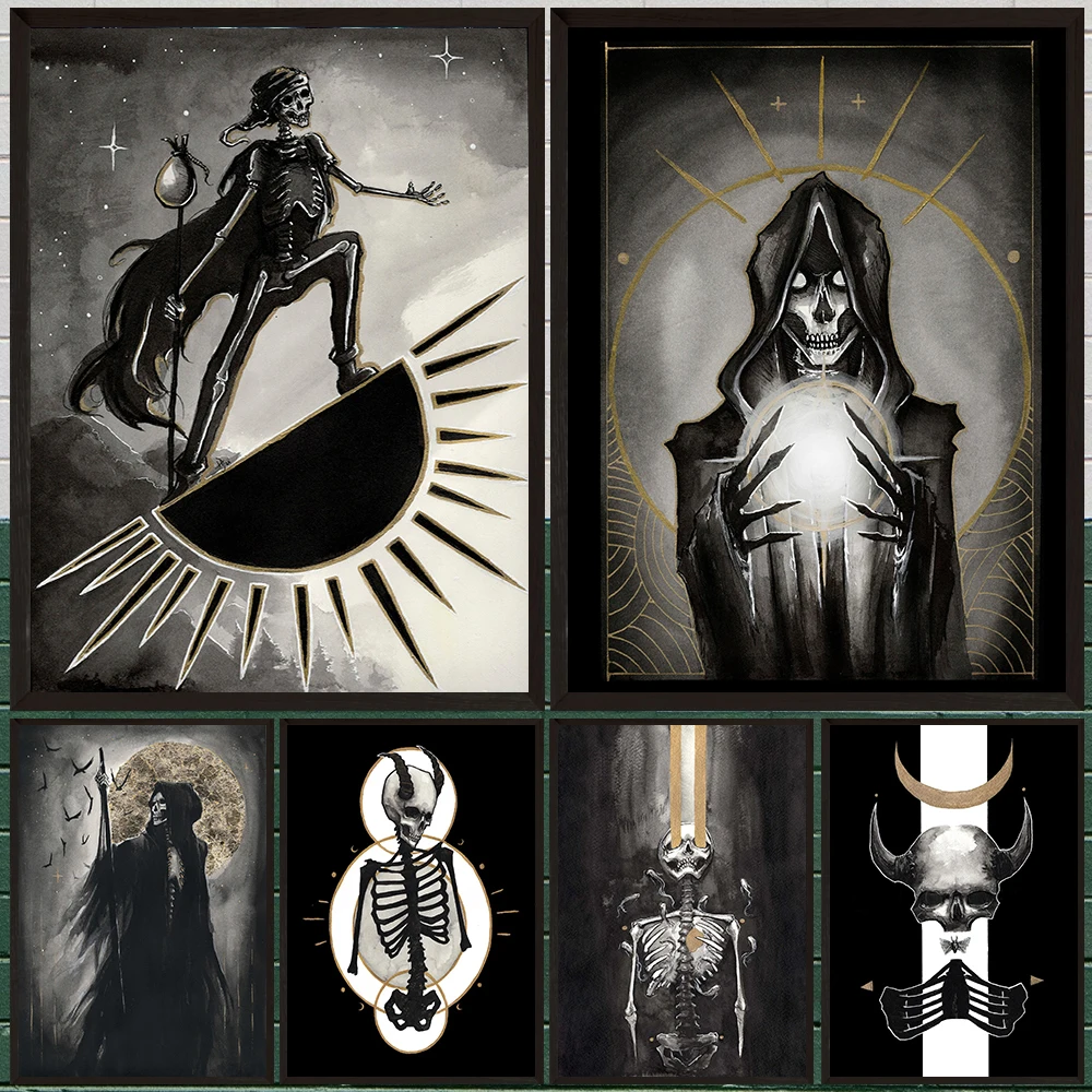 Dark Spooky Portrait Aesthetic Abstract Wall Art Canvas Painting,The High Priestess And Hermit Tarot Gothic Art Poster Print
