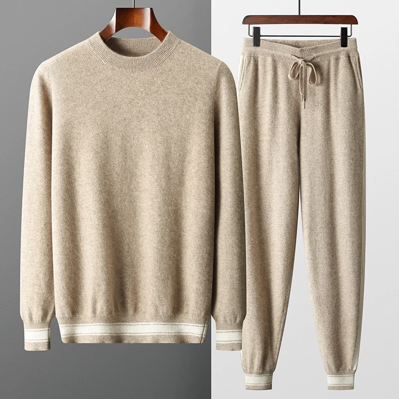 100% Goat Cashmere Two-piece Men's Knitting Round Neck Pullover Autumn Winter Thickened Slim-fit Pants Color Contrast Warm Suit