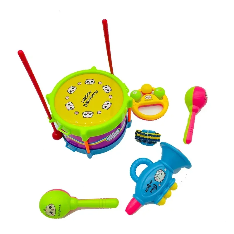 Kit de banda de instrumentos de percusión musical para niños, juguete educativo de aprendizaje temprano, Trompeta de tambor, regalo para niños, 5 piezas por juego