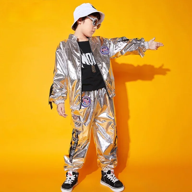 Trajes infantis de Lantejoula Hip Hop, Calças Jazz Jogger, Roupas de Street Dance, Jaqueta Prateada, Meninas e Meninos, Mini Saia, Conjunto Infantil