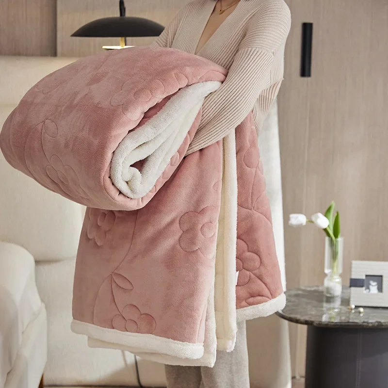 Embossed Three-layer Blanket Milk Velvet Lamb Wool Double-sided Warm Blanket Thickened Soft Hotel Bedroom Sofa Afternoon Nap
