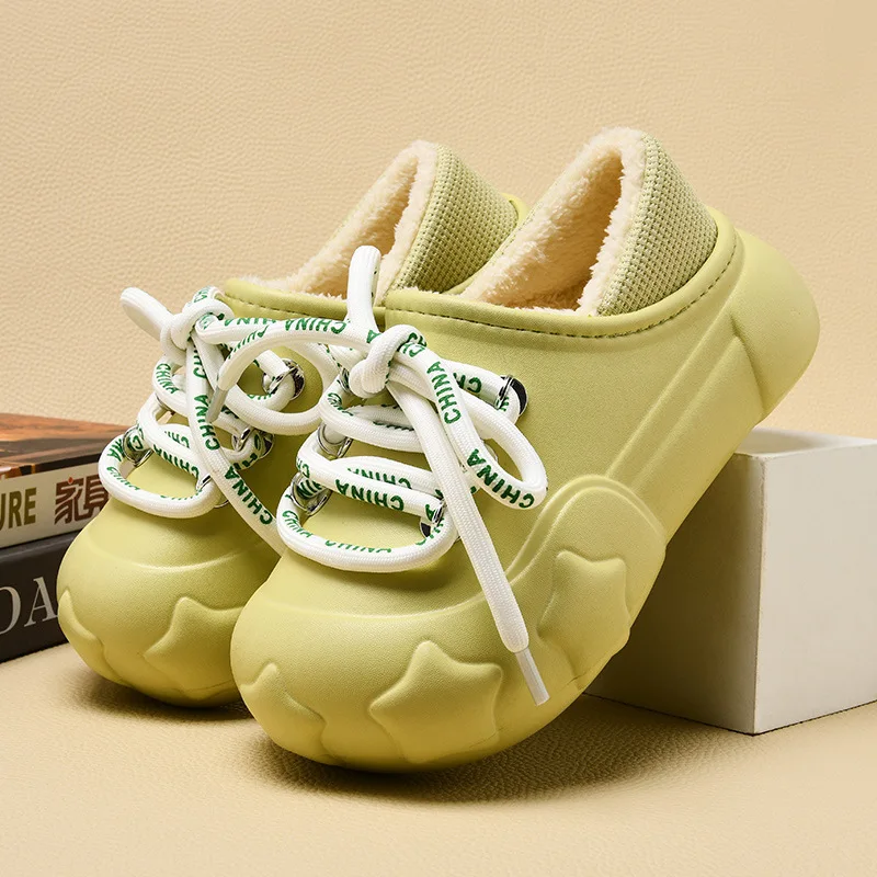 

New waterproof Green furry shoes for women Cotton slippers for men autumn winter warm cotton slippers comfortable outdoors shoe