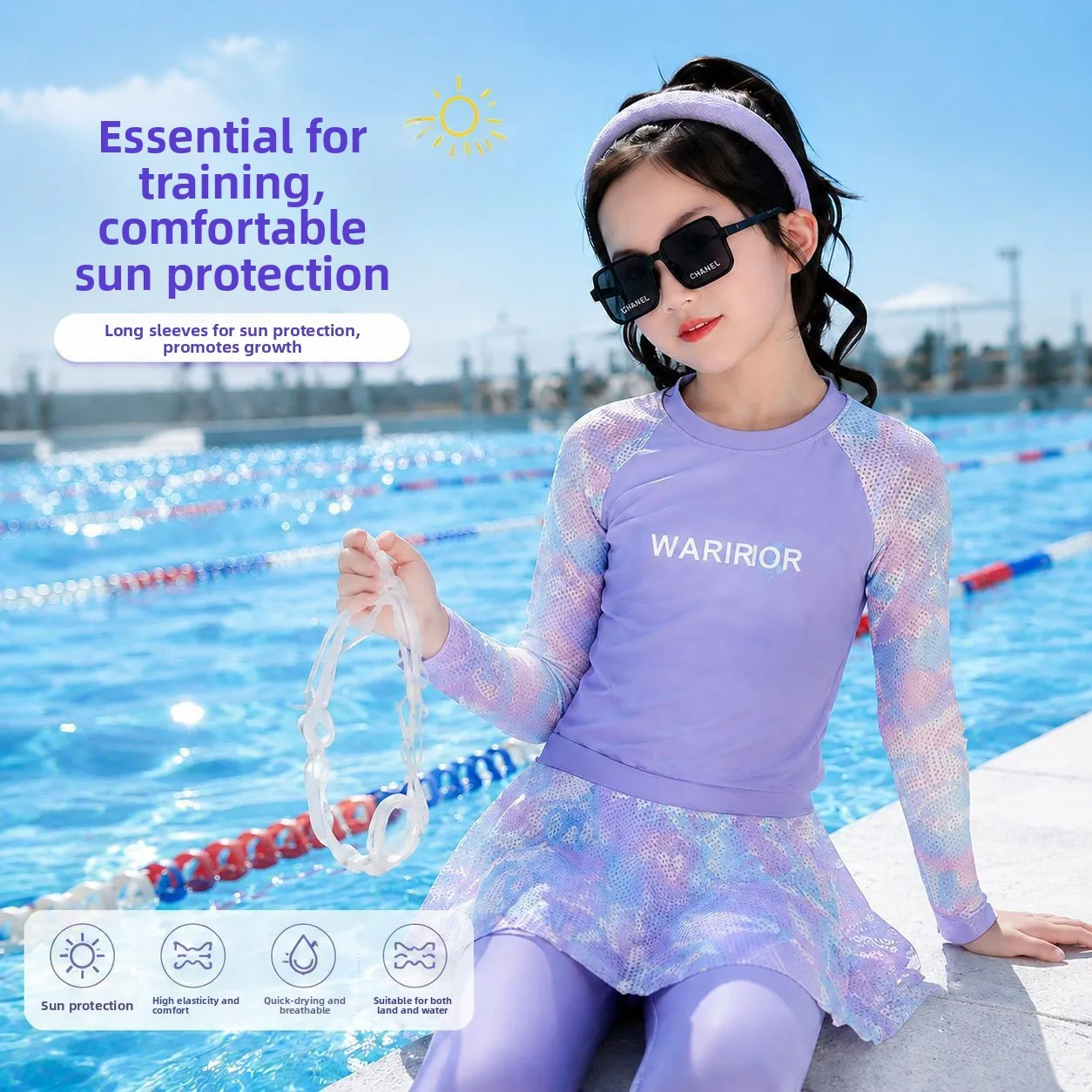 Girls' Three-piece Set Jellyfish Dive Suit Long Sleeve Pants Skirt-style Sunscreen Swimming Training Clothes Polyester Fabric