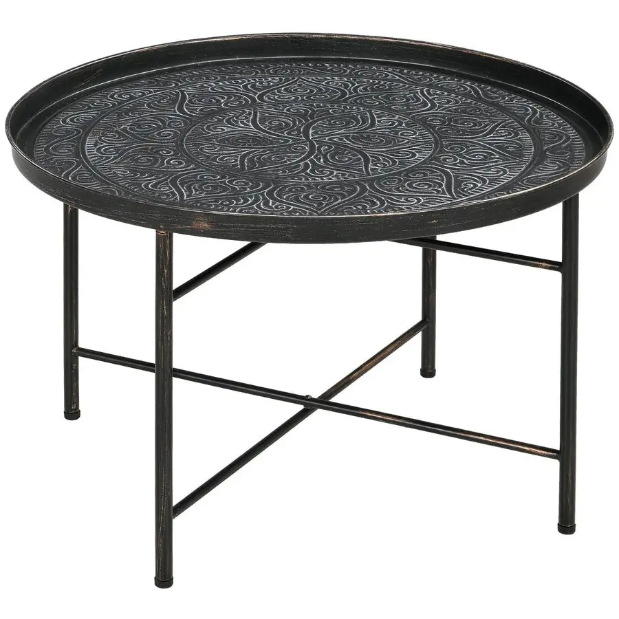 

24 Round Coffee Table with Hammered Tray Top, Vintage Metal Center Table for Living Room, Bedroom, Side Table, Pewter
