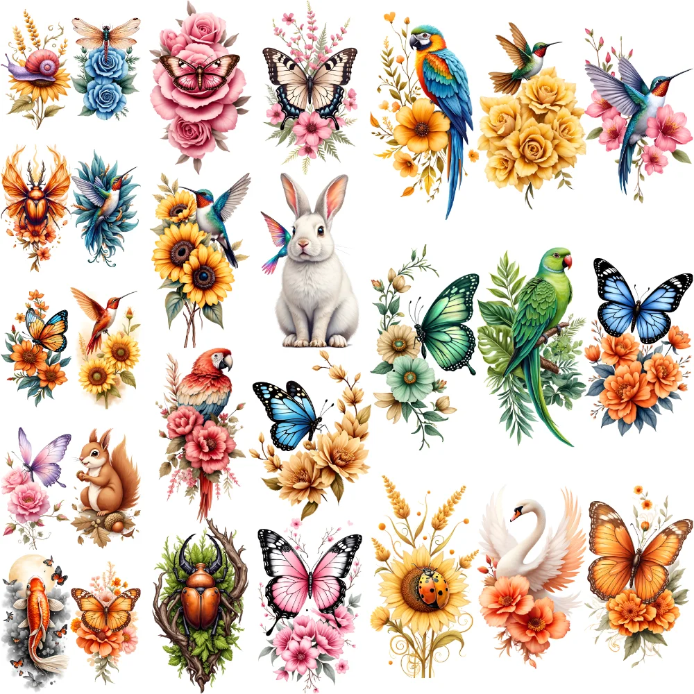 

28pcs Temporary Tattoo Colorful Swan With Flowers Beetle On Leaf Decorative Butterfly For Shoulders Back Adult