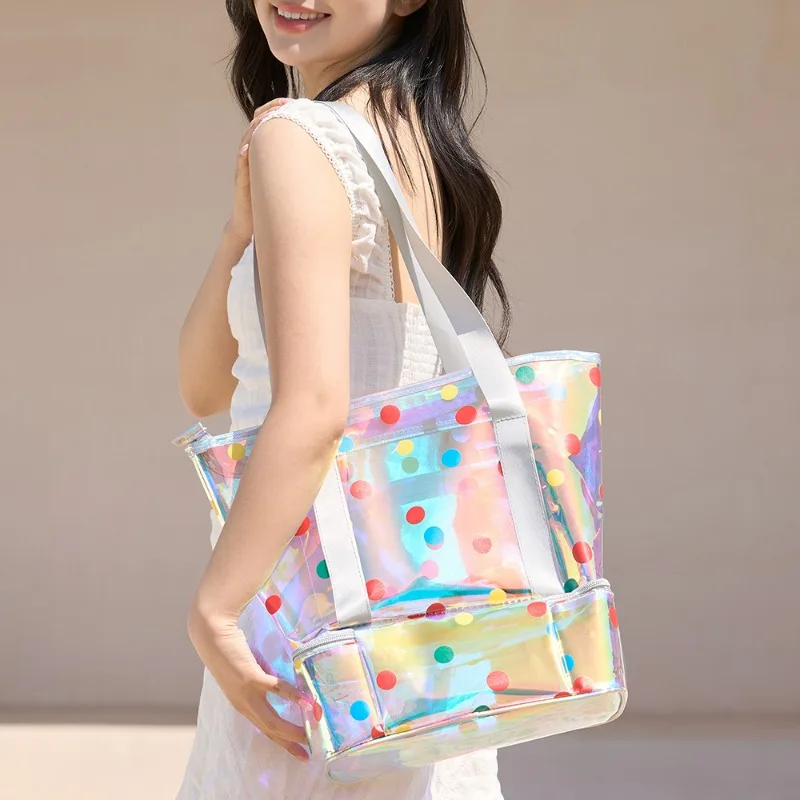

1pcs Beach Tote Bag Oxford Cloth Transparent Holographic Polka Dot Double Layer Insulated Beach Bag