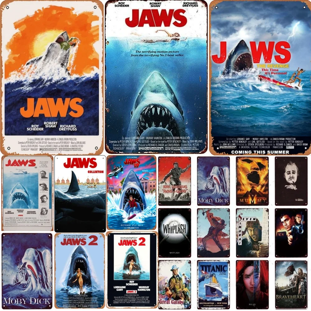 Affiche de film Jaws en métal, plaque décorative rétro pour bar, pub, café, cuisine, salle de bain, karaoké, art mural