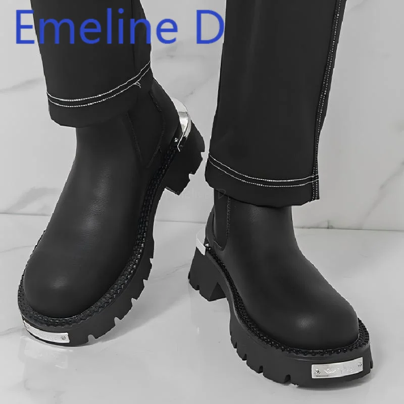 Thick Soled Sleeve Chelsea Boots Fashionable British Style Round Toe One Step On Trendy Casual Retro High Top Leather Shoes