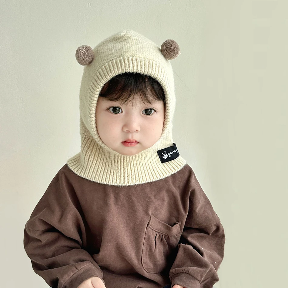 

Cozy and Cute Infant Winter Solid Color Hat and Scarf One-Piece Outdoor Activities Windproof One-Piece Knitted Kids Hats