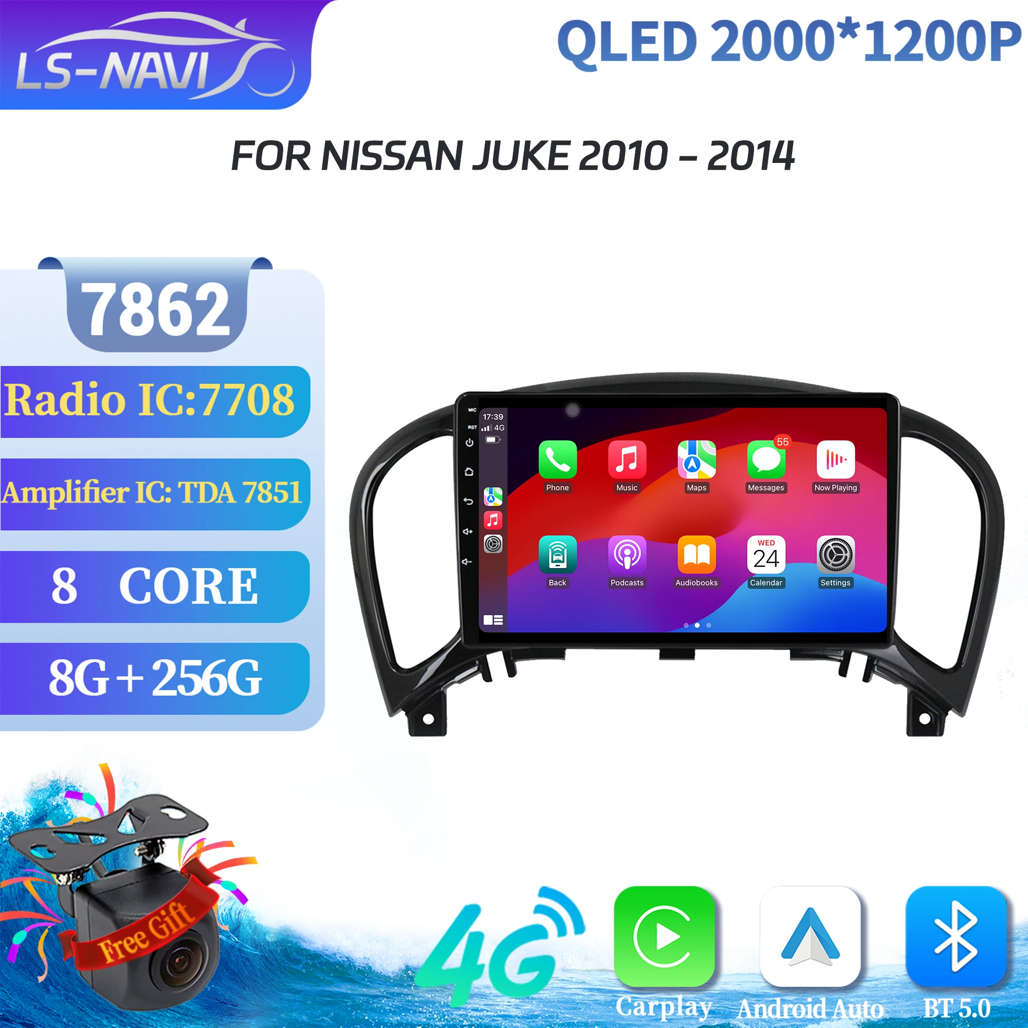 

For Nissan Juke 2010-2014 Car Radio Multimedia Video Player Navigation GPS BT CarPlay Android 14 7862S 8G 256G 2K QLED Screen