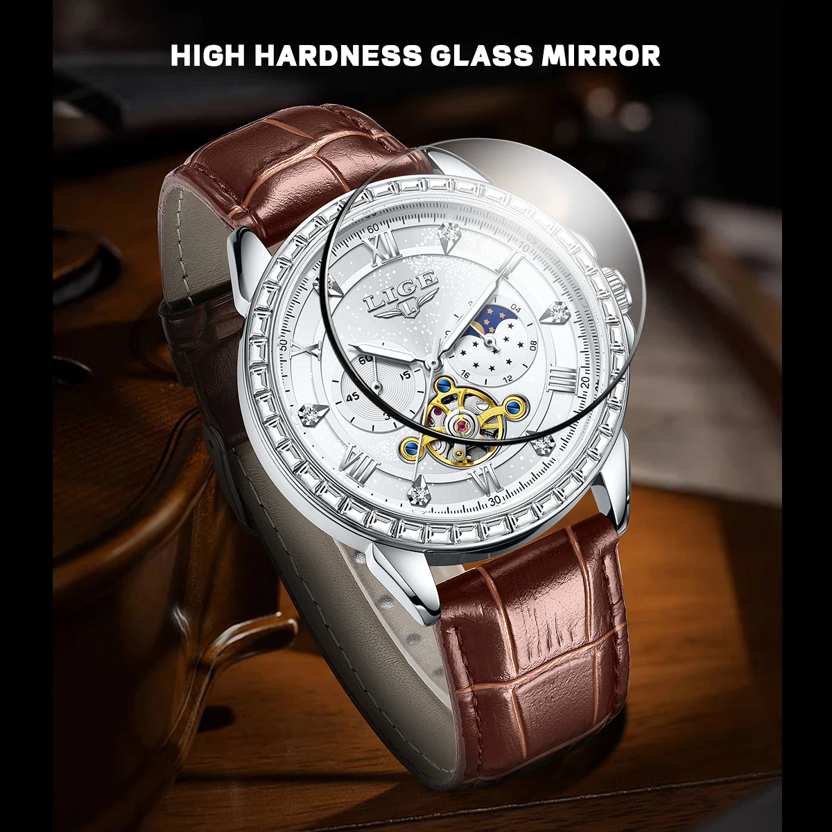 LIGE Big Diamond Dial Moon Phase Automatic Watch For Man and Woman Couple Mechanical Waterproof High-End Luxury Clock Wristwatch