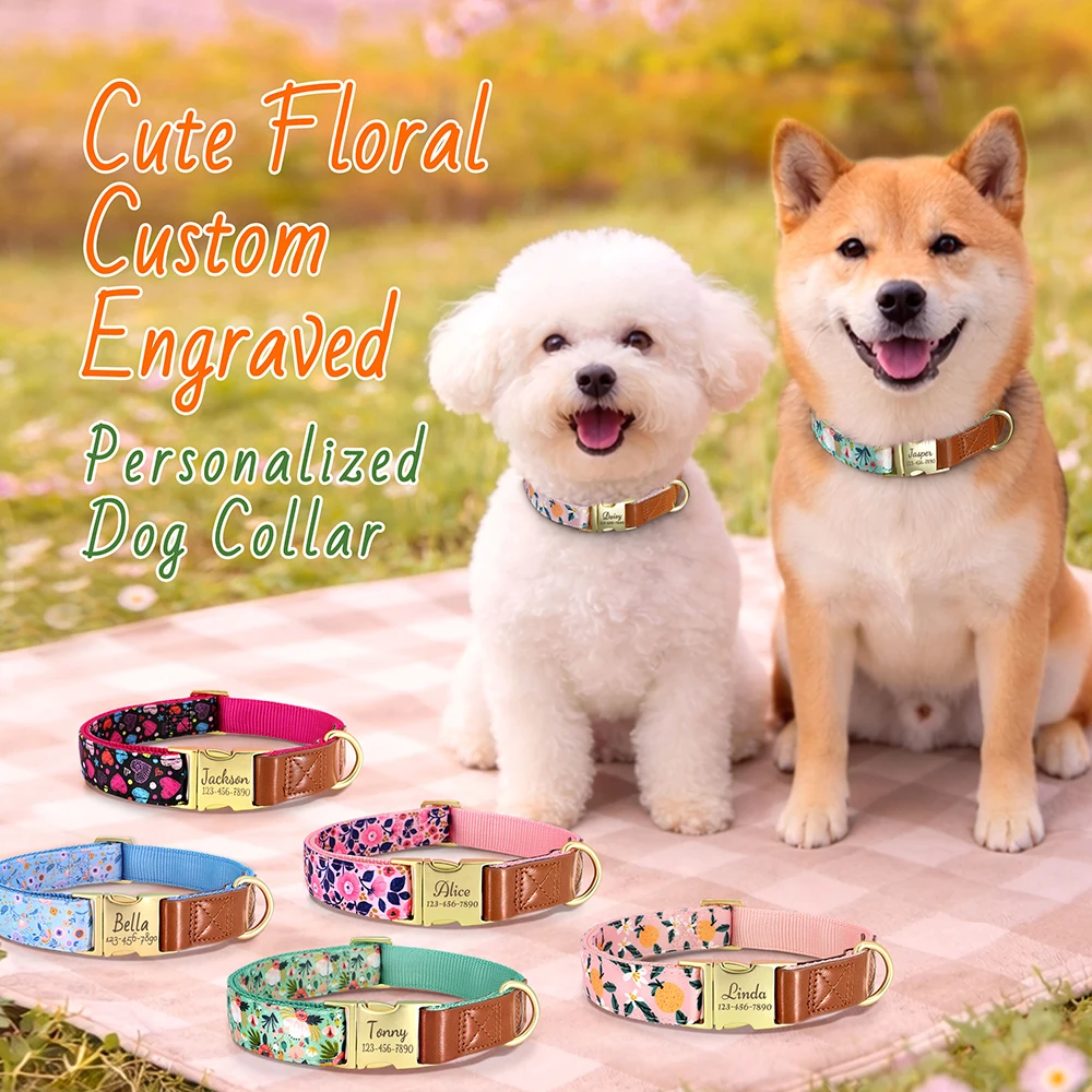 Fancy Floral Personalized Dog Collar Soft Nylon Pet Customized Metal Buckle Name Number Engraved Adjustable for Small Large Dogs