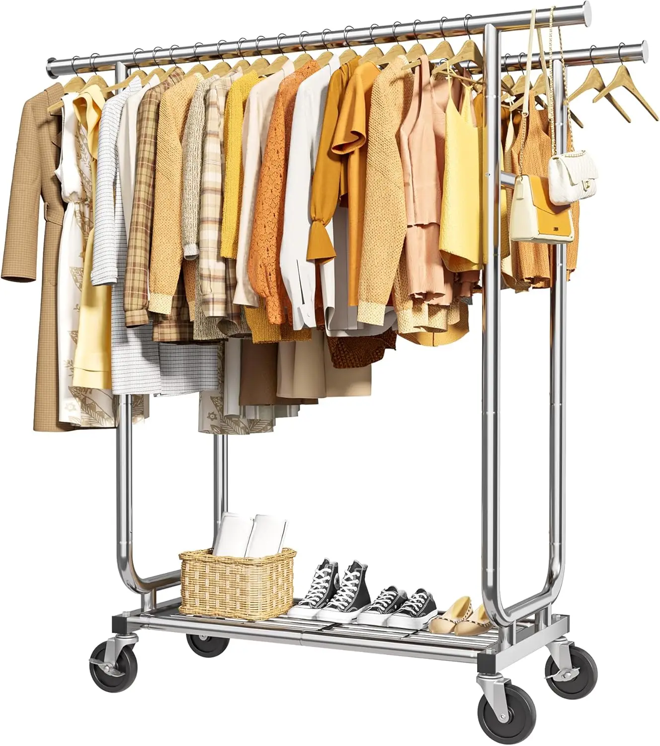 

Clothes Rack - Double-Rod Stainless Steel Garment Rack with 4-inch Lockable Wheels,Clothing Racks for Hanging Clothes in Bedroom
