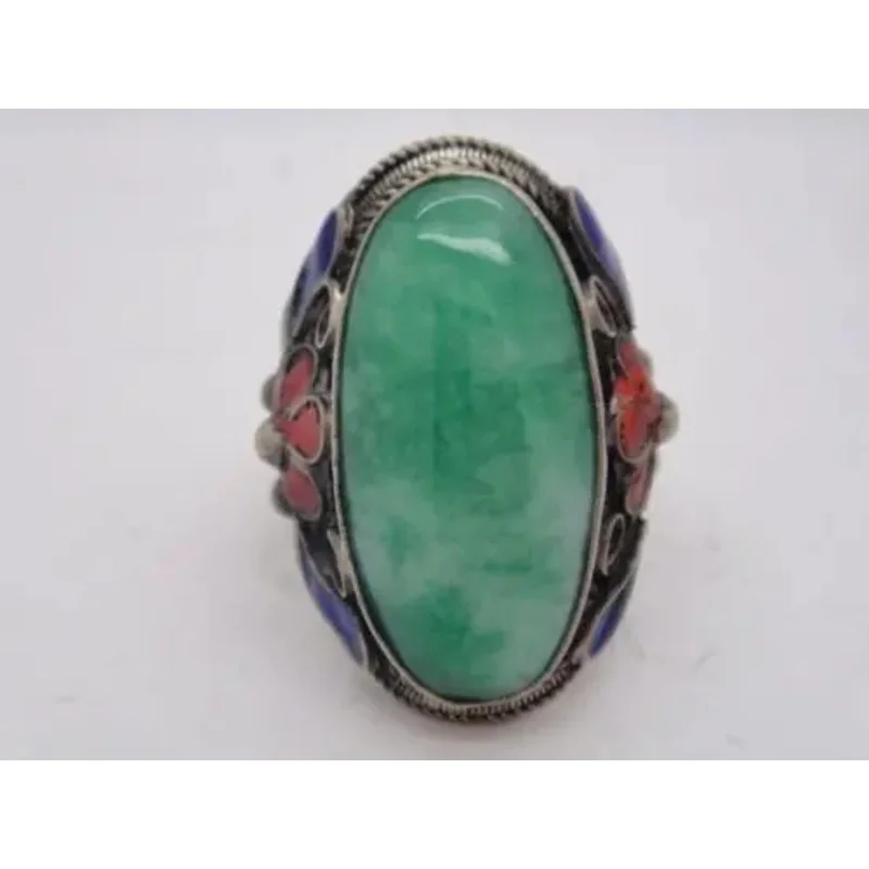 Collectible Chinese Inlay Green Jade Old Tibet Silver Cloisonne Flower Ring