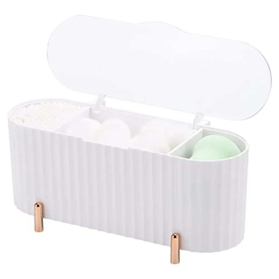 Qtips Holder, 3 Grids Separate Cotton Swabs Ball Dispenser, Storage Box, Jar for Cotton Pads Bathroom Organizer Canisters - Whi