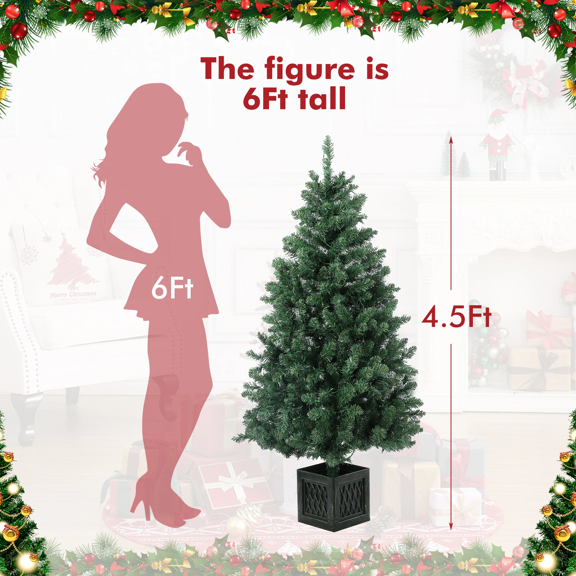 4.5FT Pre-Lit Artificial Christmas Tree Tabletop with 300 Warm White Lights, Potted Tree with Berry Clusters, for Home Christmas