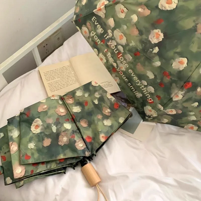 1pc Van Gogh-Inspired Floral Umbrella - Automatic Open/Close, Thickened Reinforced Frame, Compact Folding Design with 8-Rib Ca