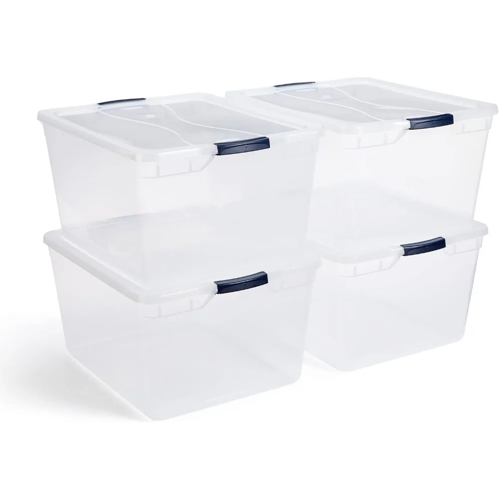 Cleverstore Clear 71 Qt, 4-Pack, Made in USA, Stackable Large Clear Storage Bins with Lids, See-Through Plastic Storage