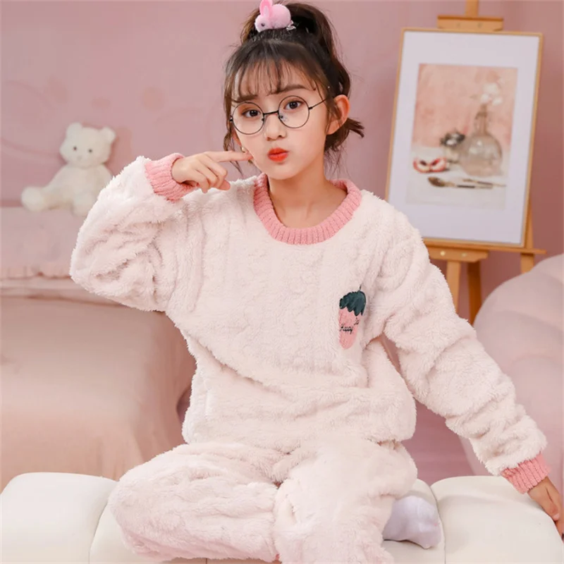 Winter Children Cartoon Thick Warm Cotton Sleepwear Simple Sweet Cute Flannel Girl Pajama  2 Pieces Home Wear