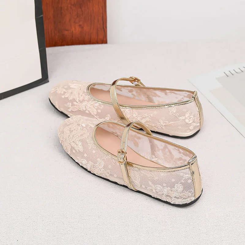 

Vintage Mesh Mary Jane Shoes For Women Summer Hollow Floral Square Toe Flat Ballet Shoes