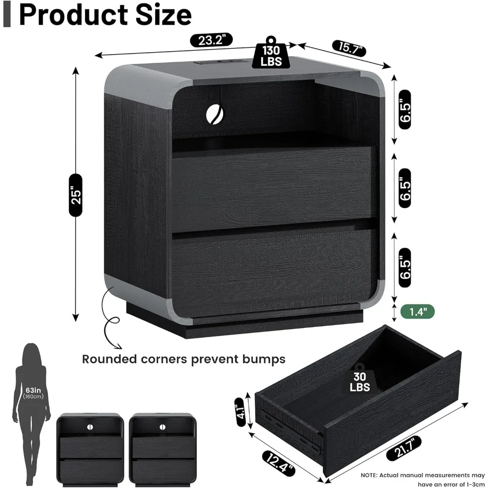 مجموعة منضدة سوداء مكونة من قطعتين مع قاعدة شحن، وطاولة بجانب السرير خشبية طويلة، ومنضدة ليلية حديثة مع درجين للتخزين، وP منحني