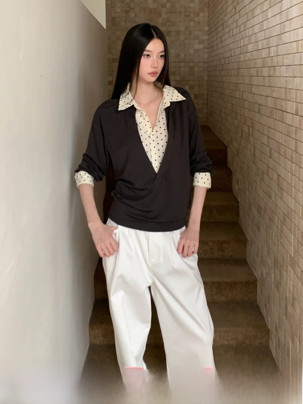 

Женская осенняя блузка MOXI Design Director's с V-образным вырезом в горошек, свободного кроя, легкая, с длинным рукавом, из тонкого нейтрального материала