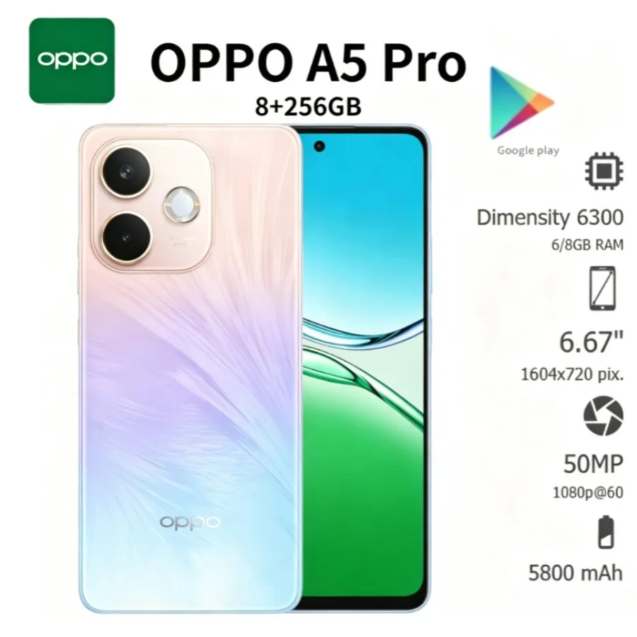 2026 Latest Model OPPO A5 Pro 5G Mobile Phone Global Unlocked 8GB+256GB Storage Anti‑Drop Body Long‑Lasting Battery OTG Function