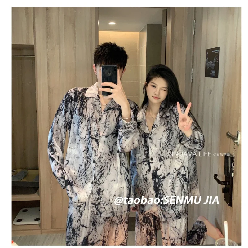 High Grade Ink Splashed Landscape Painting Couple Pajamas With Ice Silk 2024 Spring And Autumn Long Sleeved Home Clothing Set