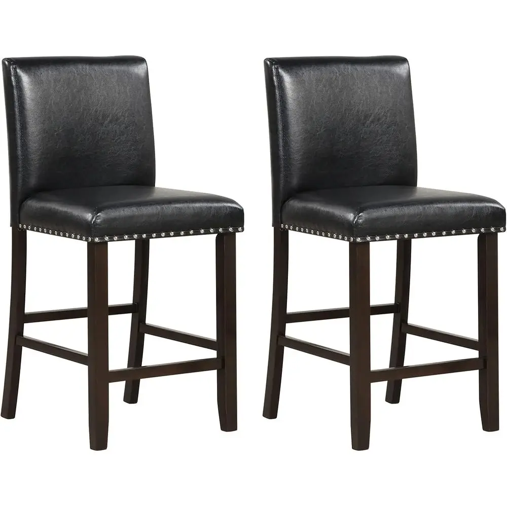 Counter Height Bar Stools Set o 2 with PVC Leather Back and Seat | Black, Rubber Wood Legs, 25.5 Inch ern ArmlBreakast Chairs or