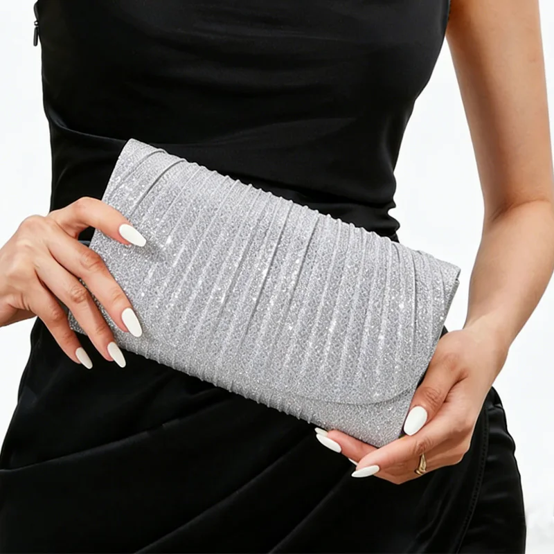 

Блестящая женская серебряная вечерняя сумка-конверт, модная элегантная длинная сумочка, женская сумка на цепочке через плечо, клатч для свадьбы, вечеринки, банкета