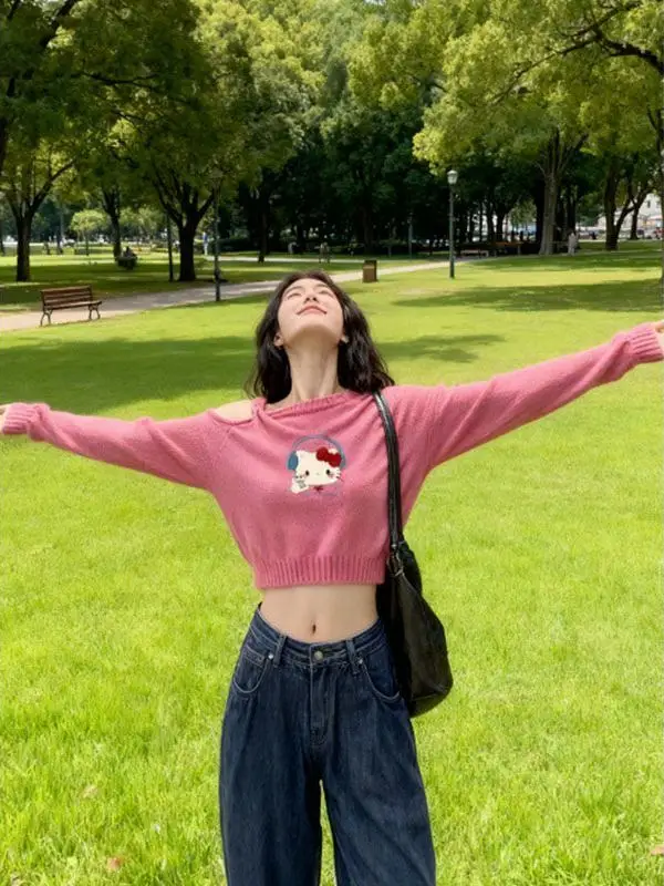 

Unique Pink Pattern Knitted oulder Bared Women's Sweater Autumn Winter Beautiful Inner Wear Base irt Top Simple Sle...