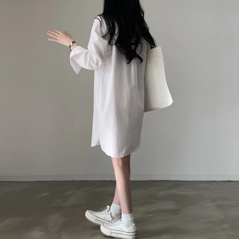 Chic décontracté Simple col longue Sve ample femmes irt Dr ort jupe printemps Faion coréen Sle Polyester Fiber