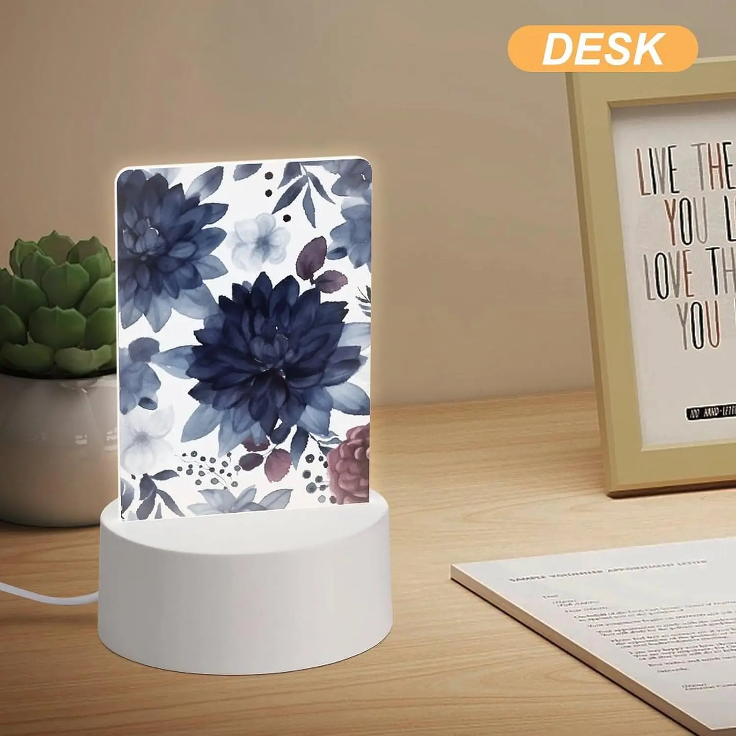 Elegant Vintage Water‑color Flower Leaf Acrylic LED Night Light, Farmhouse Bedside Shelf Decoration