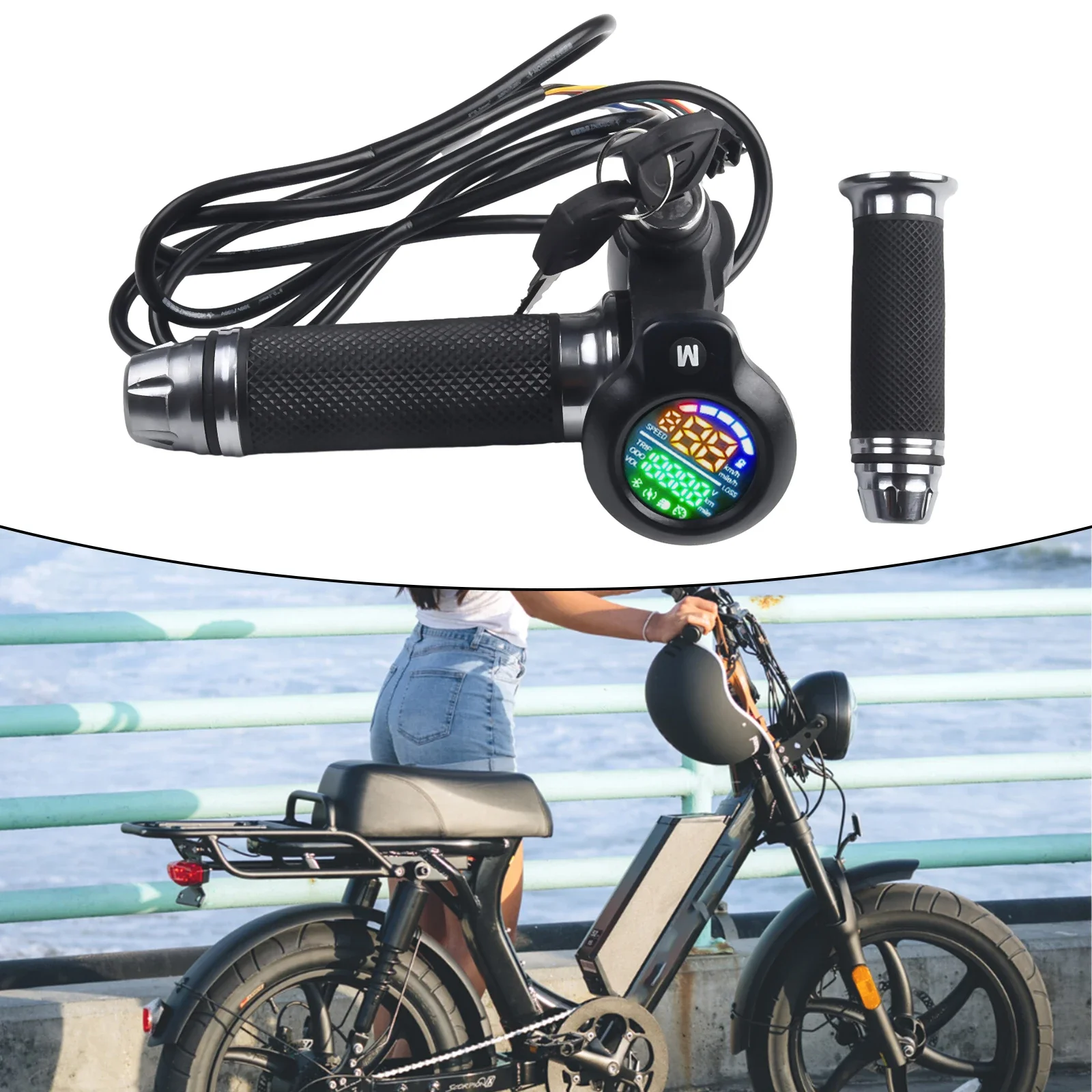 Advanced 3-Speed Adjustable E-Bike Throttle Grip Color LCD Screen Voltage/Speed/Mileage Display 24V-72V Electric Bike Handlebar