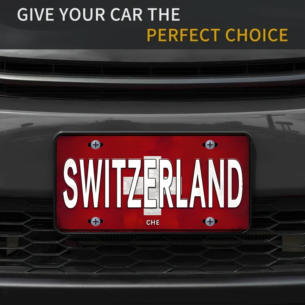 ,  License Plate - Heavy-Duty Metal Wall Decor with Red & White Switzerland Design  () Retro Plaque Easy Mounting Holes for Home