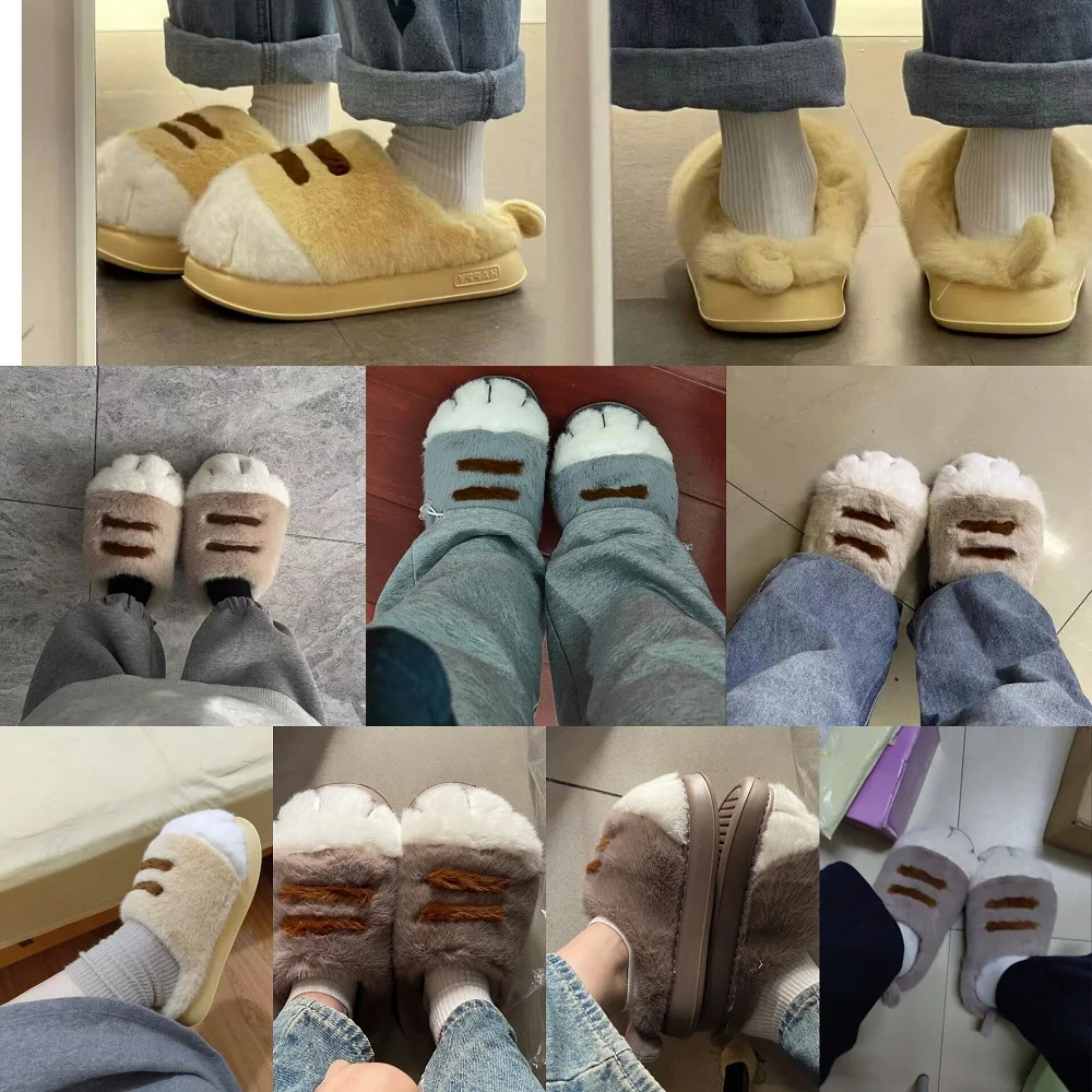 

Pink fluffy shoes cat plush slippers women's new home warm indoor cotton slipper house female comfortable flip flops