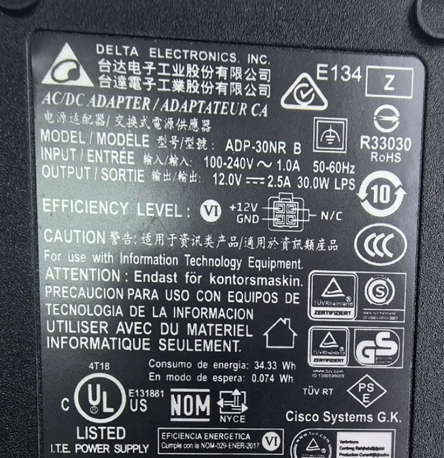 Original DELTA ADP-30NR B 12V 2.5A AC ADAPTER 341-100891-01 Molex 4Pin for CISCO ISR1100-4G ISR1100-6G C1101-4P C926-4P C1111-8P