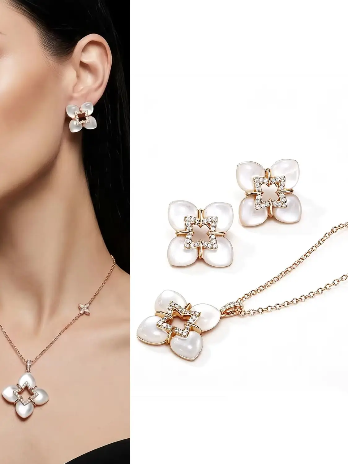 1. Damen-Set mit Blumen-Halskette und Ohrringen, zarte Blumenanhänger-Halskette und passende Ohrstecker, modischer Schmuck für den Alltag. – Detail 1